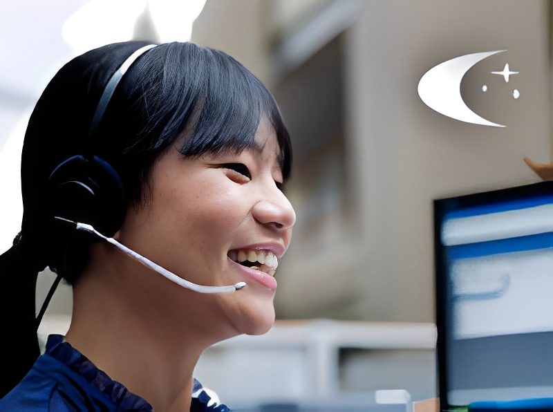 Smiling customer service representative wearing a headset.
