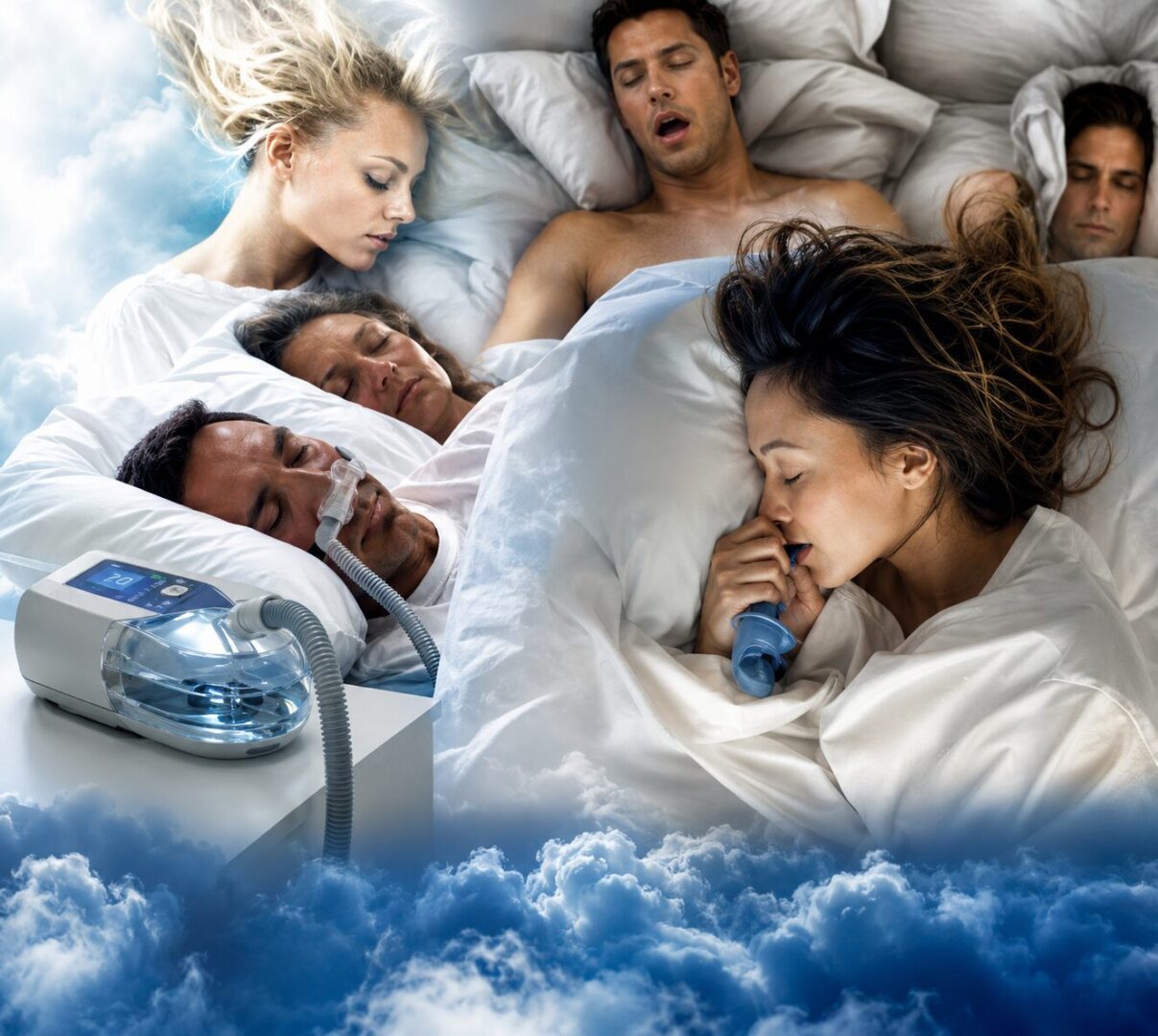 People sleeping peacefully with sleep apnea devices.